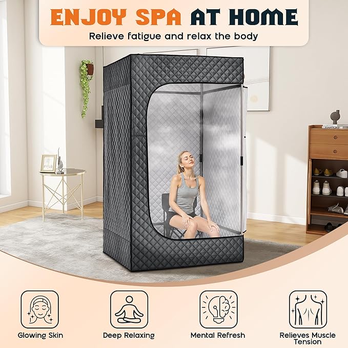 Albott Extra-Large Portable Steam Sauna Box for Home, 39.4"x39.4"x70.9" Full Body Sauna Tent with 3L 1500W Steamer, Remote Control & Folding Chair, Grey
