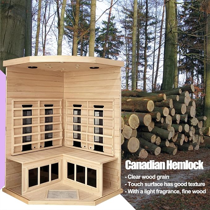Ceramic Infrared Sauna, 2-3 Person Home Sauna, Canadian Hemlock Indoor Corner Sauna Spa, Wooden Sauna Room, 5 Low EMF Heaters + 4 Ceramic Tubes, Bluetooth Speakers, Chromotherapy Lights