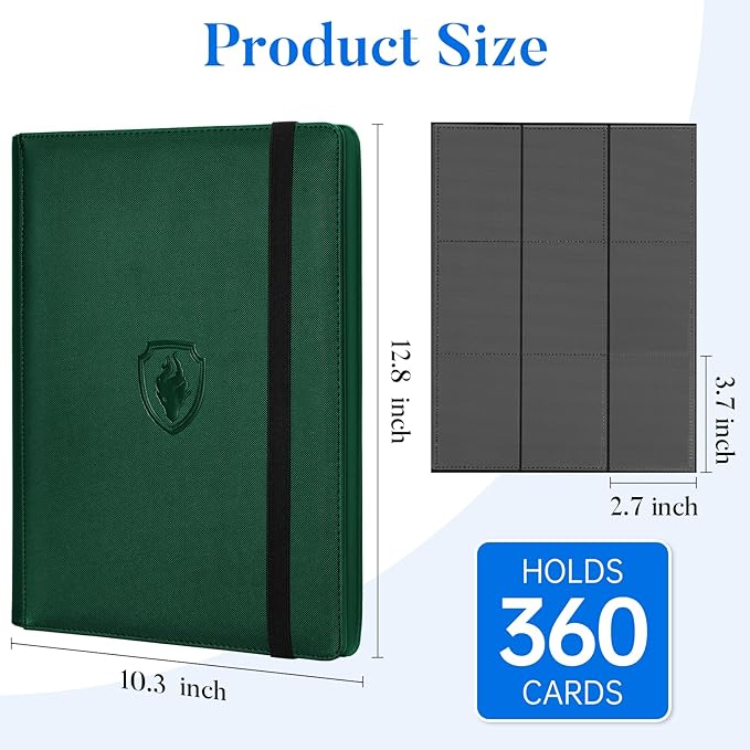 Premium 9 Pocket Card Binder for 360 Cards, Fabmaker PU Cover Trading Card Binder, Sturdy Card Collection Album, Sleek Card Holder Folders for Game Cards & Sports Cards, Dark Green