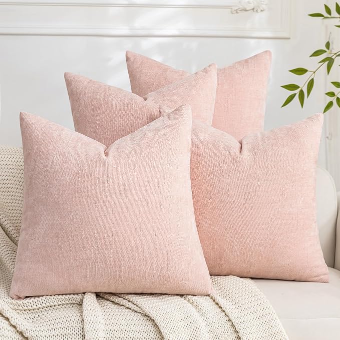 Set of 4 Soft Textured Decorative Throw Pillow Covers 20x20 Inch Cozy Farmhouse Cushion Cover Square Accent Pillow Cases for Bed Couch Sofa Living Room, Light Pink