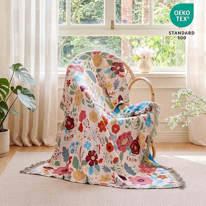 MSGKV Boho Throw Blanket 50"x60" Summer Cotton Floral Blanket for Couch | Muslin Throw, Floral Pattern, Reversible Woven, Lightweight Comfort, Farmhouse Decor, All Seasons, Machine Washable