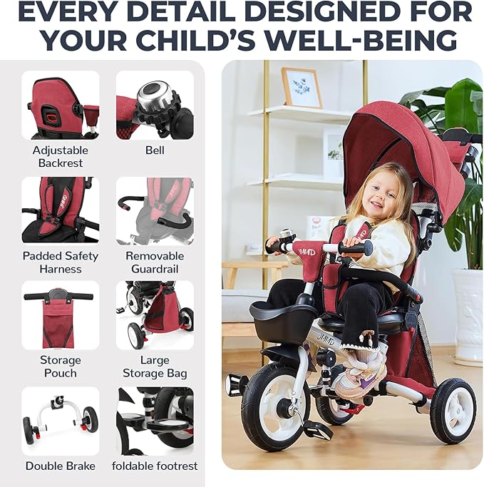 JMMD 8 in 1 Tricycle Stroller with Push Handle, Foldable Trike with 360° Swivel Seat, Reclining Backrest, All-Terrain Wheels, Dual Brakes, Canopy & Storage, Gift for Kids 18 Months to 5 Years, Red