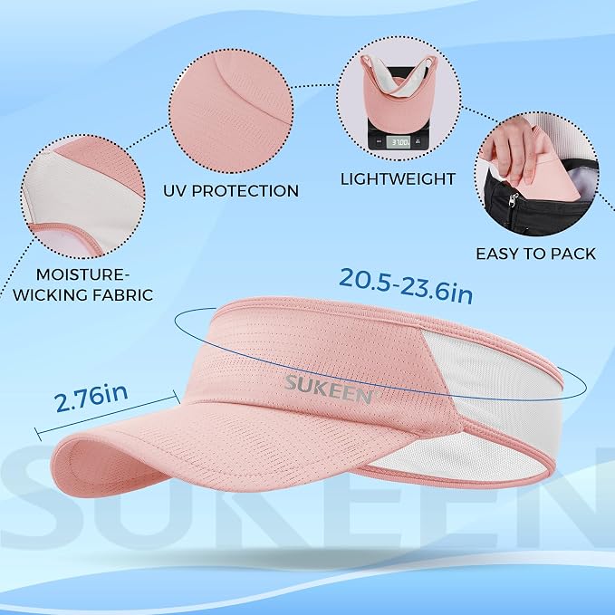 Sukeen Lightweight Sports Sun Visor Hat for Men Women | Packable, breathable, quick-dry, UPF50+ cooling visor hat, stretch fit, for running, tennis, golf, pickleball, softball