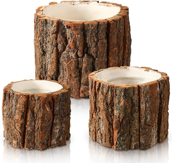 3 Pcs Wooden Vase for Centerpieces Wedding Flower Table Centerpieces Woodland Party Decor Rustic Farmhouse Bark Stump Buckets Vintage Planter Pots for Garden Baby Shower Window Home (L+m+s)