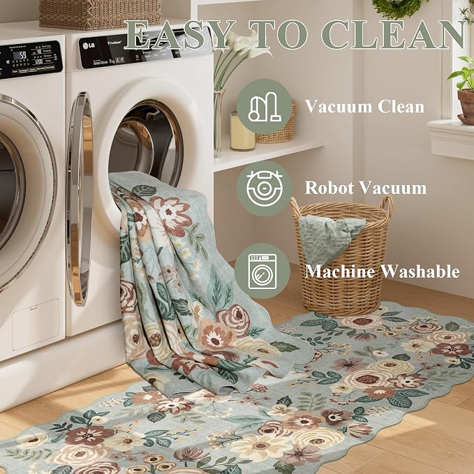 DUKINO 4x6 Area Rug, Non Slip Floral Washable Living Room Rug, Sage Green | Low Pile, Stain Resistant, Soft Throw Rugs for Bedroom, Office, Dining Room, Nursery, Pet Friendly, Home Decor, Lightweight
