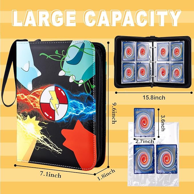 Jravkfi Card Binder 4 Pocket with 50 Removable Sleeves-Can Hold 400 Cards,3-Ring Zipper Sports Book is Gifts for Boys and Girls（Black）