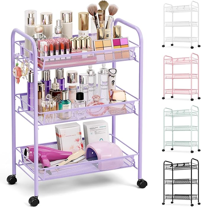 TOOLF 3 Tier Rolling Cart, Metal Utility Storage Cart with Wheels, Purple | 3 Hooks, Screwless Assembly, Trolley Organizer for Bathroom, Kitchen, Office, Nursery, Dorm, Laundry Room