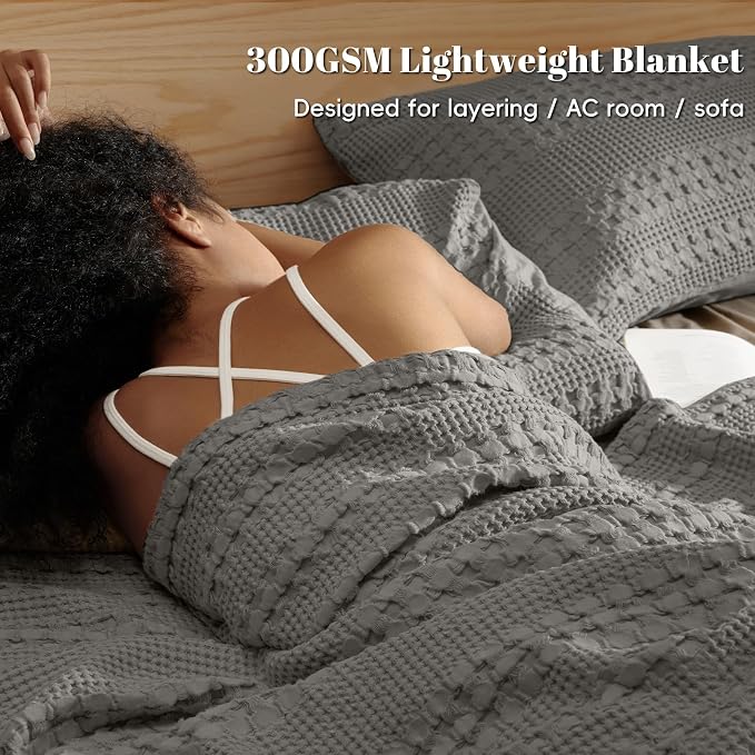PHF 100% Cotton Waffle Weave Throw Blanket, Lightweight Breathable Summer Blanket for Couch Sofa, Pre-Washed Soft Throws for Bed, Office, Travel & Stylish Home Decor, 50"x60", Dark Grey