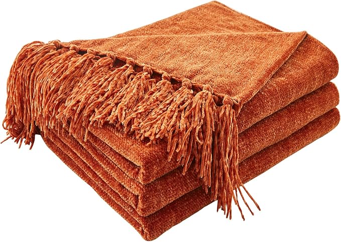 CozeCube Chenille Throw Blanket, Rust Orange Fringe Blanket, 50"X60" | For Couch, Cozy Plush Fuzzy Decorative Blanket with Fringe Tassels, Lightweight Throws for Bed Sofa Gift Home Decor