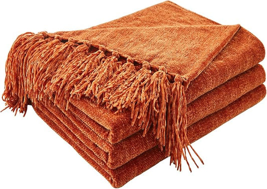 CozeCube Chenille Throw Blanket, Rust Orange Fringe Blanket, 60"X80" | For Couch, Cozy Plush Fuzzy Decorative Blanket with Fringe Tassels, Lightweight Throws for Bed Sofa Gift Home Decor