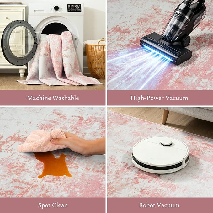 Rugflix 5x7 Area Rugs for Living Room, Washable Pink White Large Rug | Machine Washable; Stain-Resistant; Low Pile; Non-Slip; Modern Abstract; Carpet for Bedroom Dining Office Nursery Home