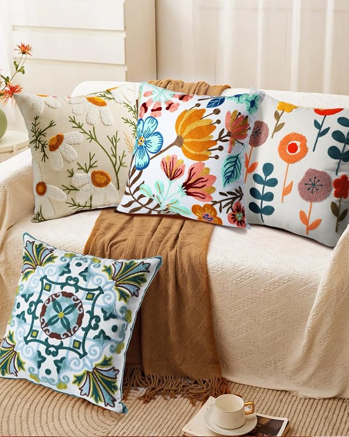 Embroidered Throw Pillow Cover - 18x18 Decorative Pillow Cover with Zipper Aesthetic Cute Design Boho Spring Summer Cozy Throw Pillowcase for Living Room Couch Sofa Bed, Elegant Flowers