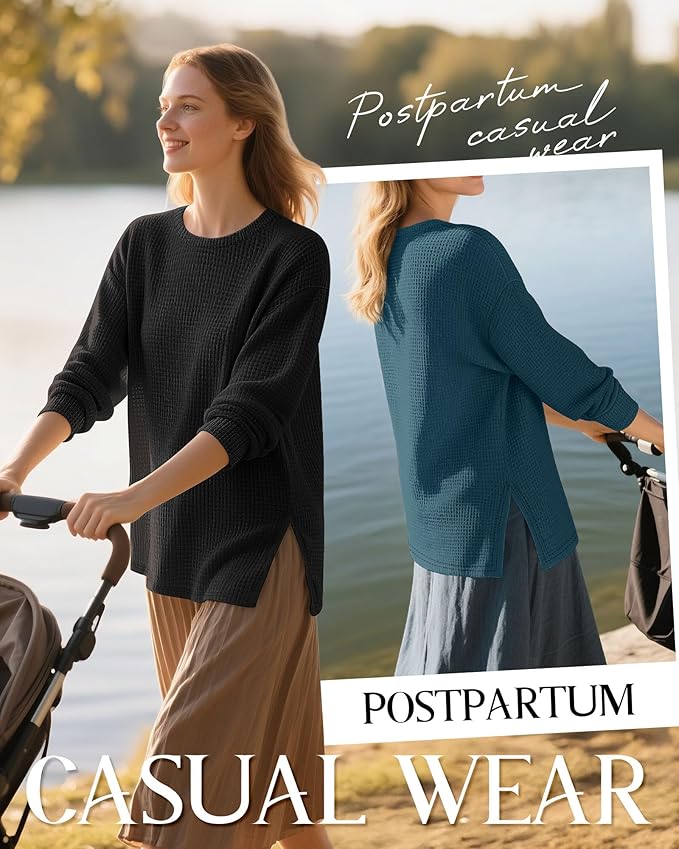 3 Pack Women's Maternity Shirts Long Sleeve Waffle Knit Side Split Oversized Tops Pregnancy Clothes Fall Tees