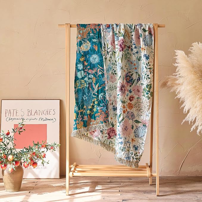 LUTBM Boho Throw Blanket for Bed 60"x80", All Season Cotton Couch Blankets | Reversible Floral Embroidery, Muslin Gauze Twin Quilt, For Chair Sofa Living Room Decor, Lightweight & Breathable, Women Gift