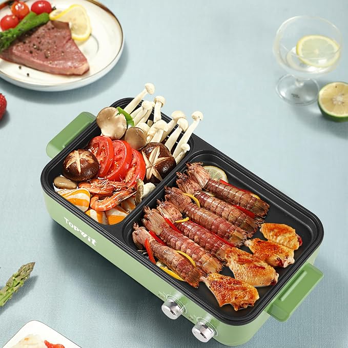 Topwit Hot Pot with Grill, Korean BBQ Grill, 2-in-1 Electric Pot | Nonstick Coating, Dual Temperature Control, Fast Heating, Ideal for Korean BBQ, Shabu Shabu, Noodles, Steaks and Family Meals