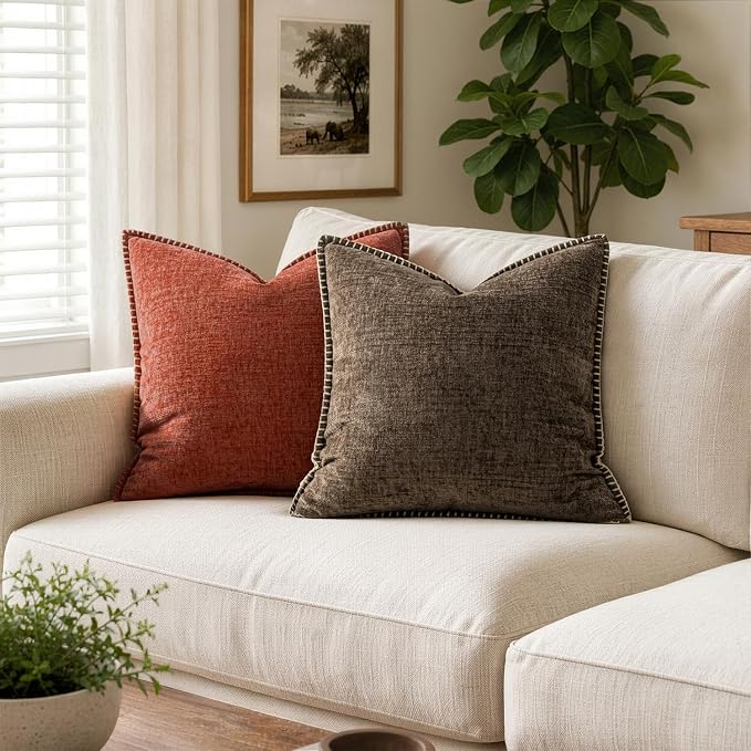 MIULEE Decorative Couch Throw Pillow Covers 18x18 Inch Brown 2 Pack | Farmhouse Pillow Covers with Stitched Edge, Soft Chenille Cushion Cases, for Sofa Bed Living Room Home Decor