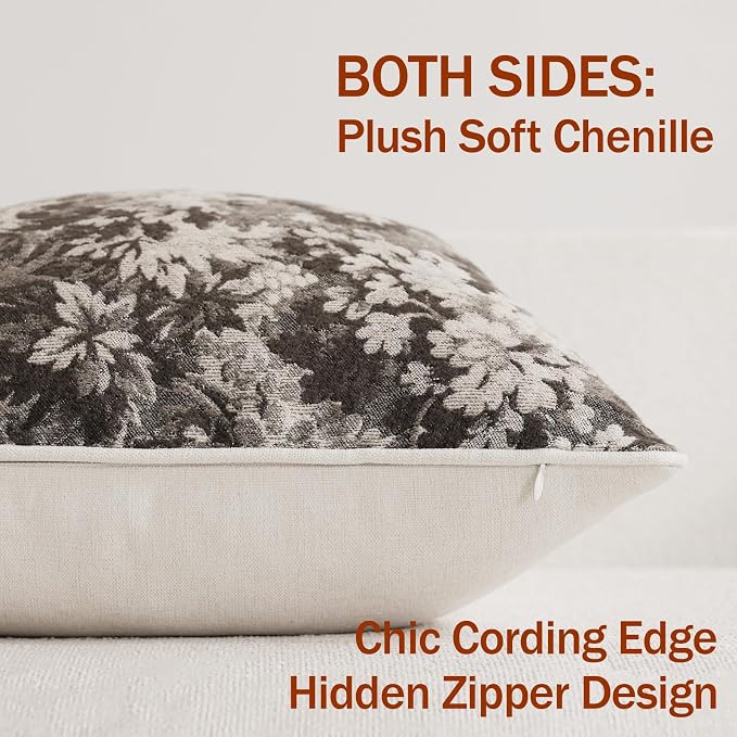 Pack of 2 Vintage Floral Pillow Covers 12x20 Boho Farmhouse Accents Chenille Rectangular Lumbar Decorative Throw Pillow Cases for Living Room Couch Bed Home Decor, Grey