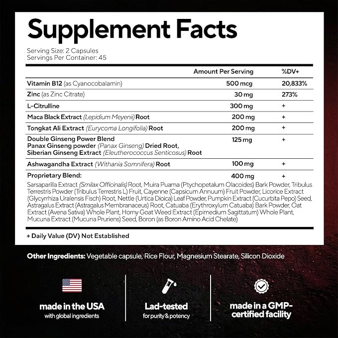 Vitamins for Men 20 in 1 - USA Made Advanced Complex with Tongkat Ali, Black Maca Root for Men, Zinc, Vitamin B12, Astragalus for Normal Energy Support - 90 Vegan Caps