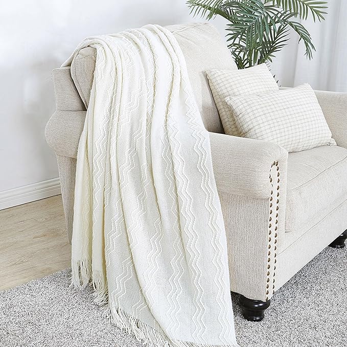 BOURINA Off White Throw Blanket 50x90 Inch Boho KnitSoft Throw Sofa Blanket | Knitted Throw Blanket 50x90 Inches, Soft Lightweight Boho Weave Throw Decorative Couch Blanket for Living Room Bedroom Chair