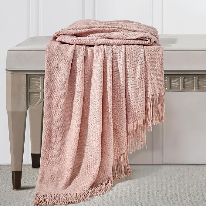 BOURINA Pink Throw Blanket 50x60 Inches Throw Textured Solid Soft Ripple Throws and Blankets for Sofa or Bed Knitted Decorative Throw