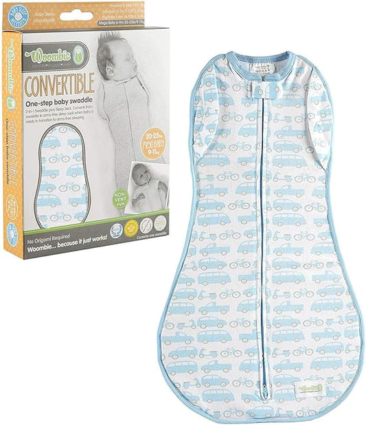 Woombie Convertible Nursery Swaddling Blanket, Swaddle Converts to Wearable Blanket for Babies Up to 6 Months, Beep Beep, 14-19 lbs