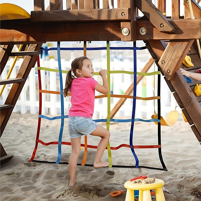 TOPNEW Climbing Net for Kids Outdoor, Ninja Cargo Net Rope Ladder Net for Ninja Slackline, Jungle Gyms, Swing Set, Playground Netting, Multi-Color
