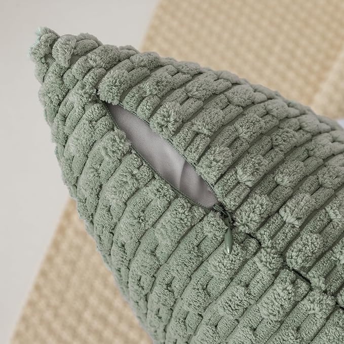 Kevin Textile Soft Corduroy 16"x24" Lumbar Pillow Cover 1 Pack, Grey Green | Boho Stripe Plush Corduroy Decorative Oblong Cushion Cover Modern Farmhouse Home Decor for Sofa Couch Bed Chair