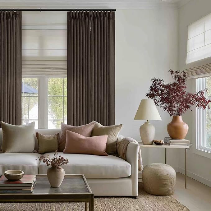 Dark Chocolate 90 Inch Pinch Pleated Semi Sheer Linen Curtains 2 Panels | for Living Room Bedroom, Memory Training Shaped, Light Filtering, Pinch Pleat Drapes with Hooks Rings, Window Curtains 40x90