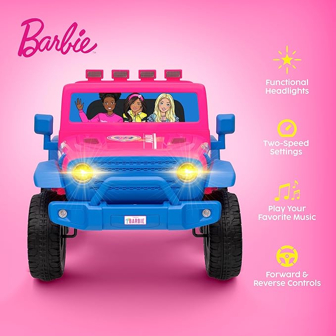 Barbie - 12V Kids Ride-On Jeep with Rechargeable Battery, LED Headlights, Press-Button Start, Durable Wheels, Forward & Reverse Drive, Contoured Seat