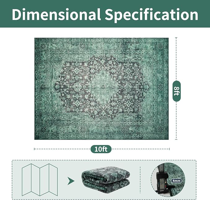 Washable Rugs 8x10 Area Rugs for Living Room- Vintage Green Rugs for Bedroom,Dining Room, Large Soft Low Pile Carpet with Non Slip Rubber Backing,Neutral Accent Rug for Nursery Home Office