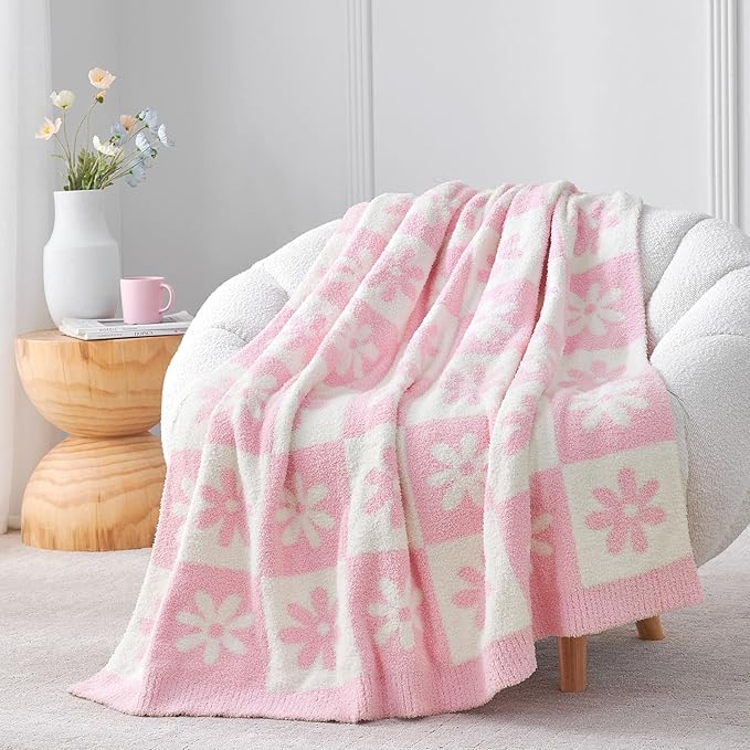 Snuggle Sac Checkered Blanket, Pink Flower Throw Blanket for Couch Plaid Microfiber Fluffy Warm Cozy Fuzzy Soft Throw Blanket Reversible Checkered Blankets for Sofa, Chair, Bed, 50x60 inches