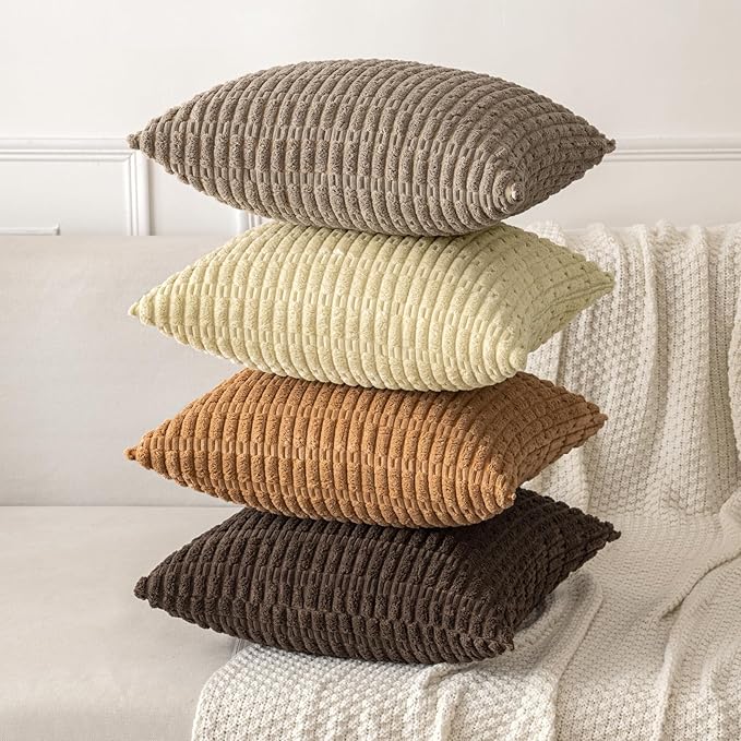 MIULEE Corduroy Decorative Throw Pillow Covers 20x20 Brown Pack of 2 | Soft Boho Striped Pillow Covers Modern Farmhouse Fall Home Decor For Sofa Living Room Couch Bed