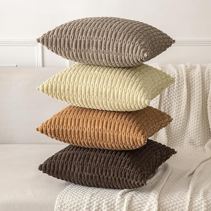 MIULEE Corduroy Decorative Throw Pillow Covers 18x18 Brown Pack of 2 | Soft Boho Striped Pillow Covers Modern Farmhouse Fall Home Decor For Sofa Living Room Couch Bed