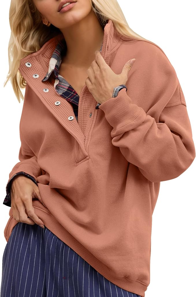 Gacaky Sweatshirt for Women Oversized Casual Long Sleeve Button Henley Neck Pullover Tops Fashion Outfits Clothes