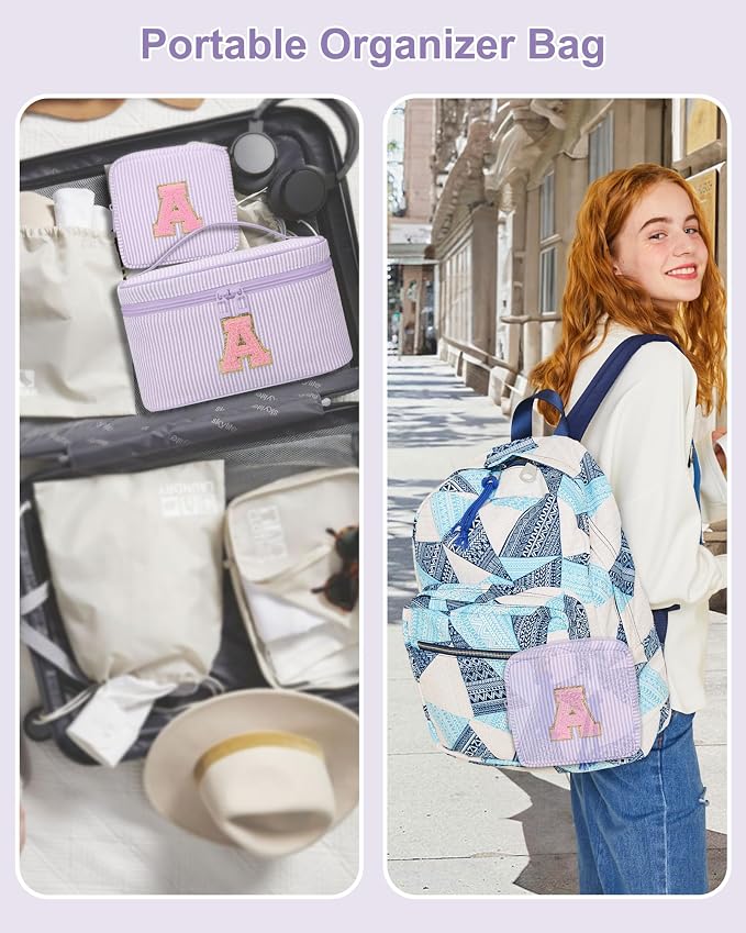 MONSTINA Initial Makeup Bag with Brush Holder for Women,Make Up Case for Girlfriend Bridesmaid Wife|Personalized Birthday Gift for Her Cute Toiletry Bag,2PCS,Purple K