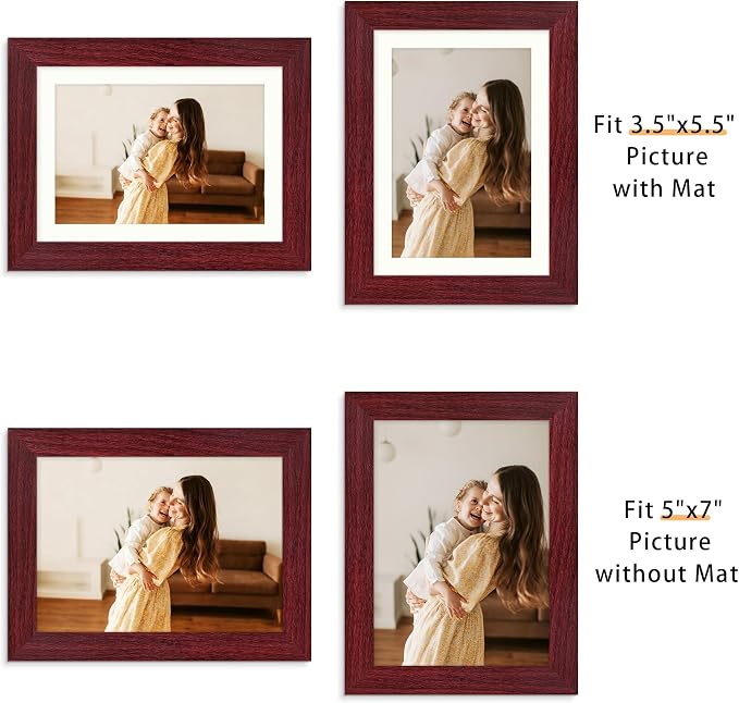 Picrit 5x7 Picture Frame Set of 12, Display 4x6 with Mat or 5x7 without Mat, Photo Frames for Wall Mounting or Table Top Display, Dark Red Wood