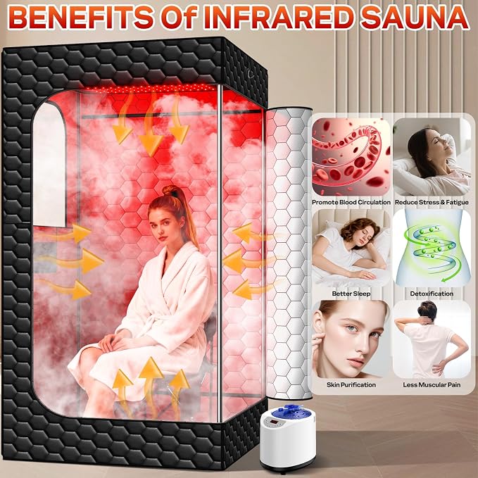 Portable Sauna for Home, Infrared Sauna, 160 LEDs 660nm and 850nm Large Red Light Sauna Box, Steam Saunas Tent with 3L Steamer, 15 Temp Levels & 99 Min Timer for Indoor Spa, Relaxation, Detoxification