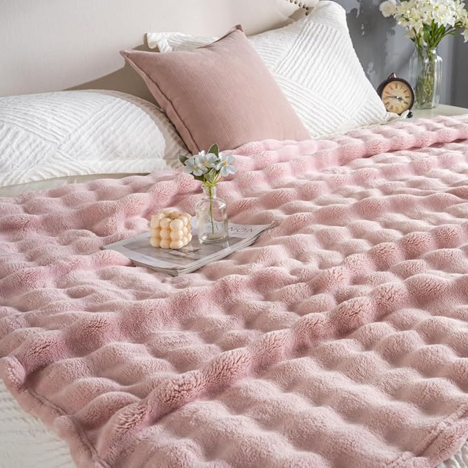 Faux Fur Bed Blankets Queen Size Pink, Soft Fluffy Bubble Blanket for Couch Sofa, Thick Warm Plush Fuzzy Rabbit Fur Large Blanket for All Season Use, 90"X 90"