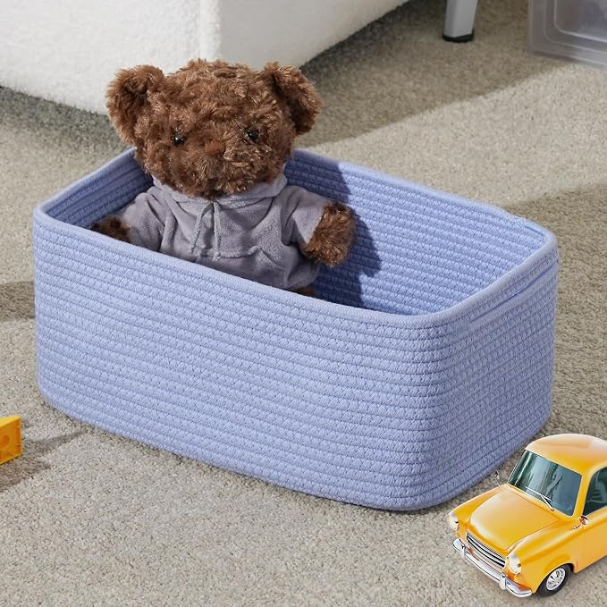 3 Pack Small Storage Baskets for Organizing, 11.8×7.8×5.1", Sky Blue | Woven Baskets for shelves, Cotton Rope Basket for Gifts Empty, Closet Organizer Bins with Handles, Cube Decorative Box