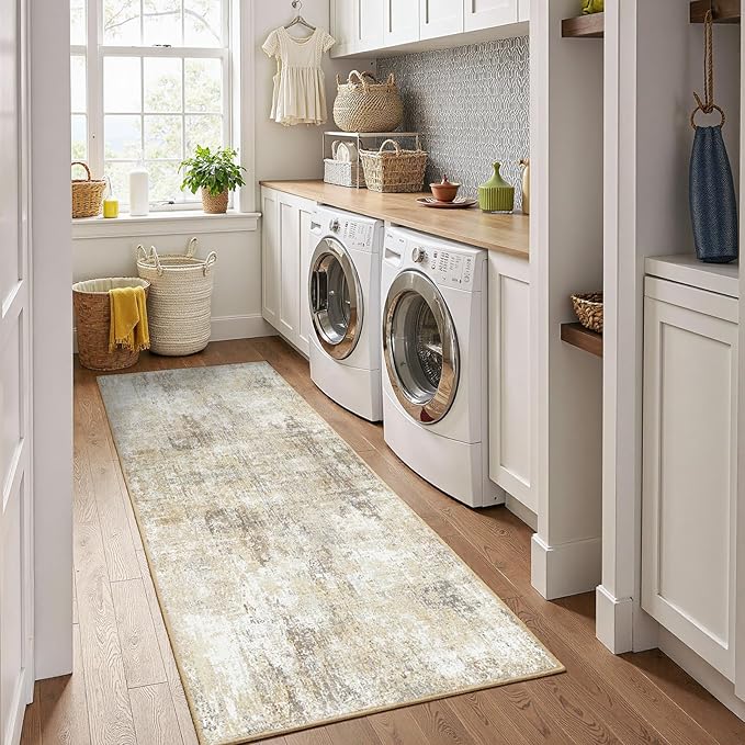 RELEANY Washable Area Rugs 2'x10' Non-Slip Modern Abstract Soft for Living Room Entryway Bedroom Kitchen, Print Pattern, Neutral Brown Gray