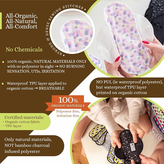 Cloth Panty Liners Thong 7-Pack (Small) Mini Organic Cotton Reusable Panty Liners for Women & Non Slip Cloth Menstrual Pads Light Flow 6-Pack (S+M) Cloth Period Pads for Care-Free Period