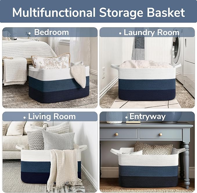 Goodpick Large Woven Rope Blanket Basket, Rectangle, Light Blue | 21.6'' x 14.9'' x 11.8'' Storage Basket for Toys, Books & Blankets, Bedroom & Nursery Organization, Reinforced Handles