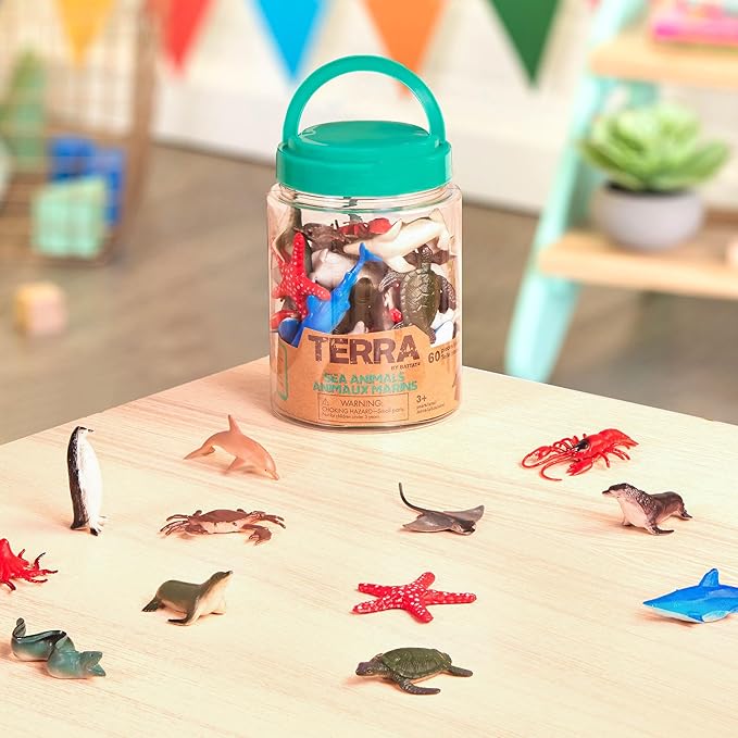 Terra by Battat – 60 Pieces Ocean Animal Figurines – Realistic Mini Sea Animal Toys – Sharks, Dolphins, Penguins, Turtles, Crabs & Starfish for Toddlers & 3+ Years