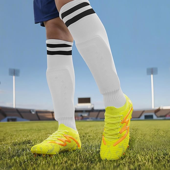 brooman Kids Firm Ground Soccer Cleats Boys Girls Football Shoes with Shin Guards and Soccer Socks