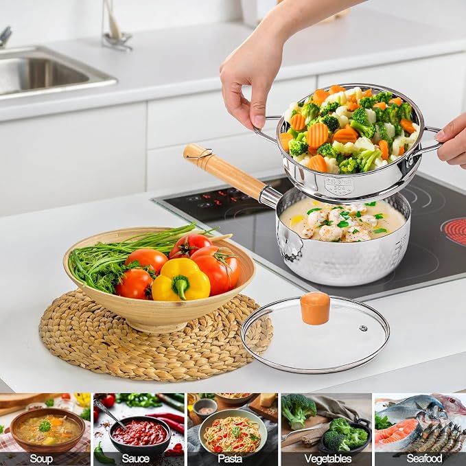 DEAYOU Stainless Steel Saucepan with Steamer, 1.2 Quart Yukihira Sauce Pan with Lid, Traditional Japanese Small Cooking Pot with Wood Handle and Two Side Spouts for Milk, Ramen, Soup, Tempura, 7"