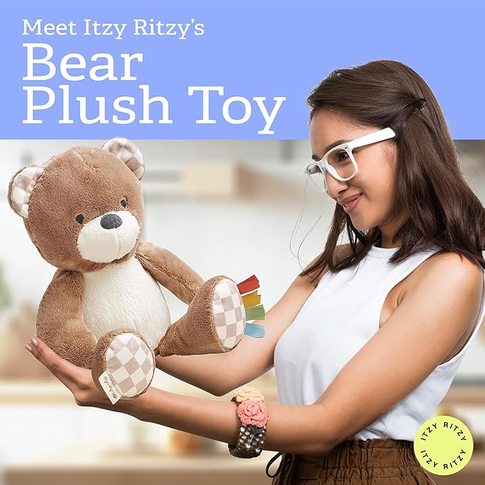 Itzy Ritzy Snuggles Plush Toy – Soft Stuffed Animal for Babies, Kids & Adults – Sensory Ribbons & Textured Fabrics for Tactile Play – Cozy & Cuddly Companion for Newborns & Up (Bear)