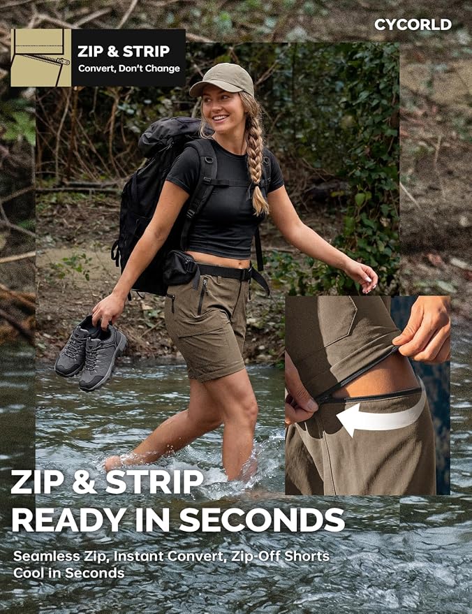Cycorld Women's-Hiking-Pants-Convertible Quick-Dry-Stretch-Lightweight Zip-Off Outdoor Pants with 5 Deep Pockets