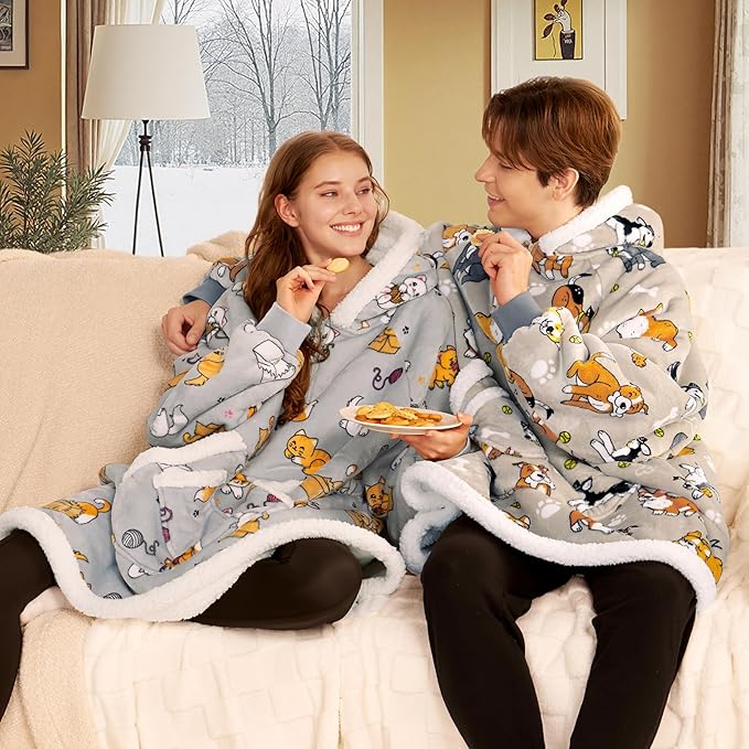 Giggling Getup Wearable Blanket Hoodie for Adults Gifts for Teen Girls Sister Women Sherpa Fleece Printed Hooded Blanket Sweatshirt Warm Cozy with Pocket & Sleeves Grey Cat