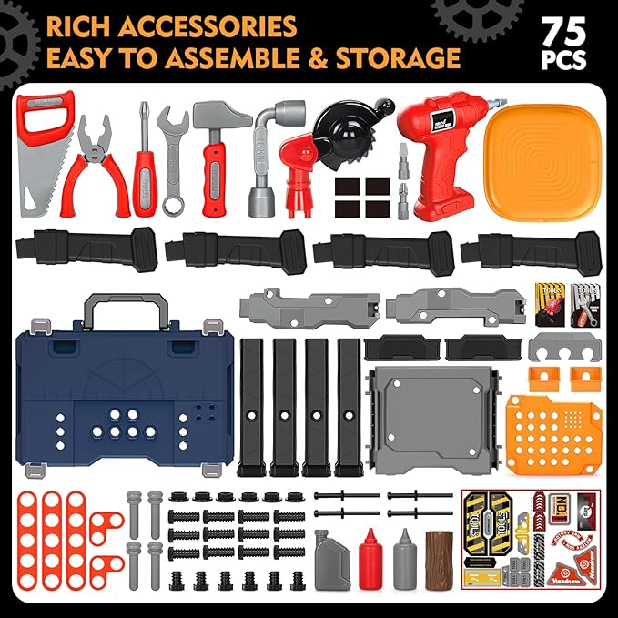 Kids Tool Bench with Electric Drill and Chair, Christmas Birthday Gift for Boys Girls Age 3,4,5+ Fun Play Kids Workbench, Transformable Toddler Tool Box Set, Construction Tool Toys for Toddler 3-5