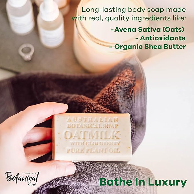 Australian Botanical Soap Oat Milk with Cloudberry – Triple Milled 6.6 oz Bar Soap with Shea Butter, Face Hand & Body Soap Bars, Pack of 4